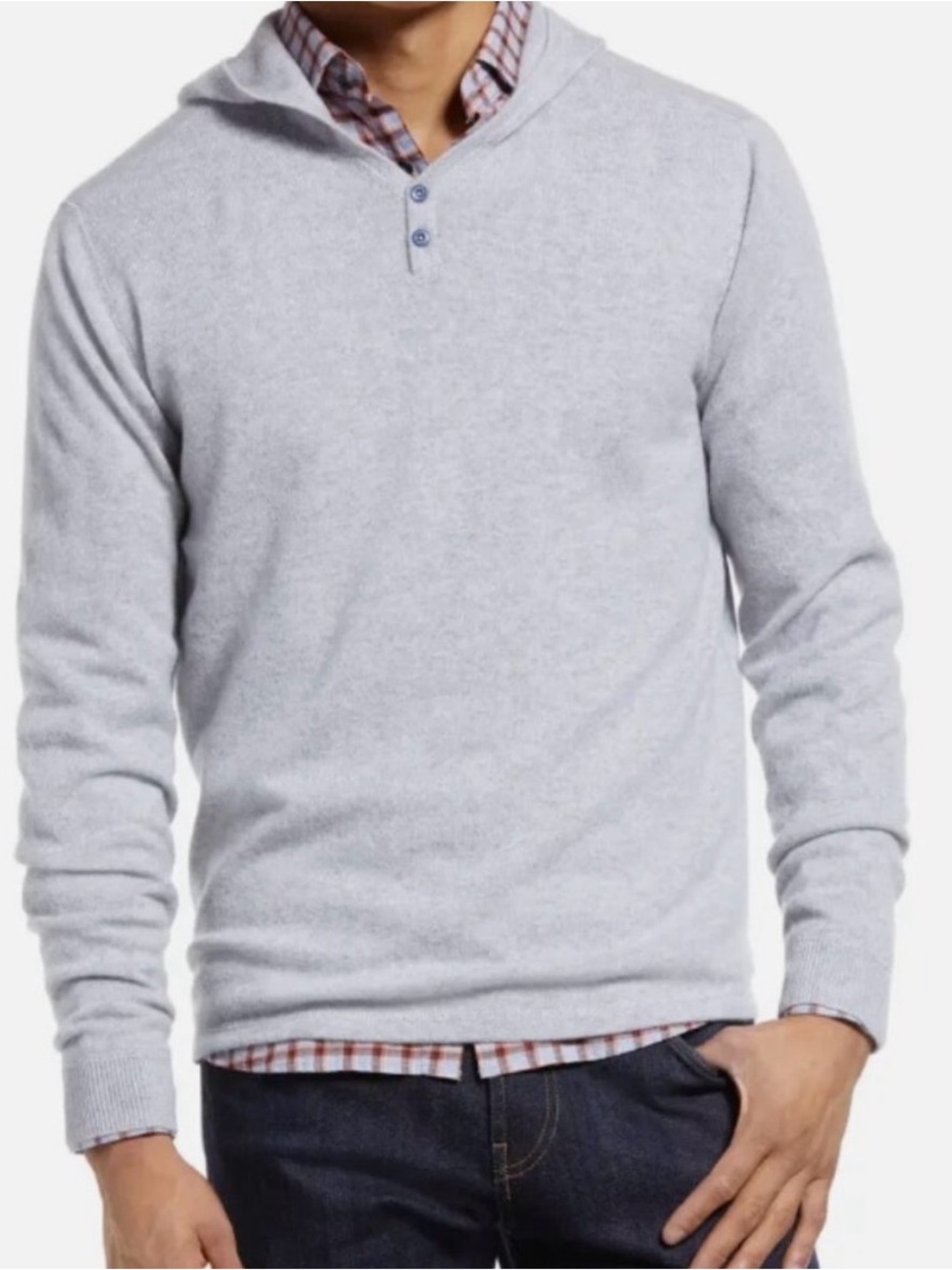 johnnie-O Light Gray Cashmere Crewneck Henley Hoodie